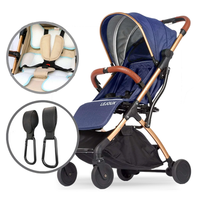 Blue Foldable & Lightweight Pram Bundle With Breathable Cushion & Bag Clips