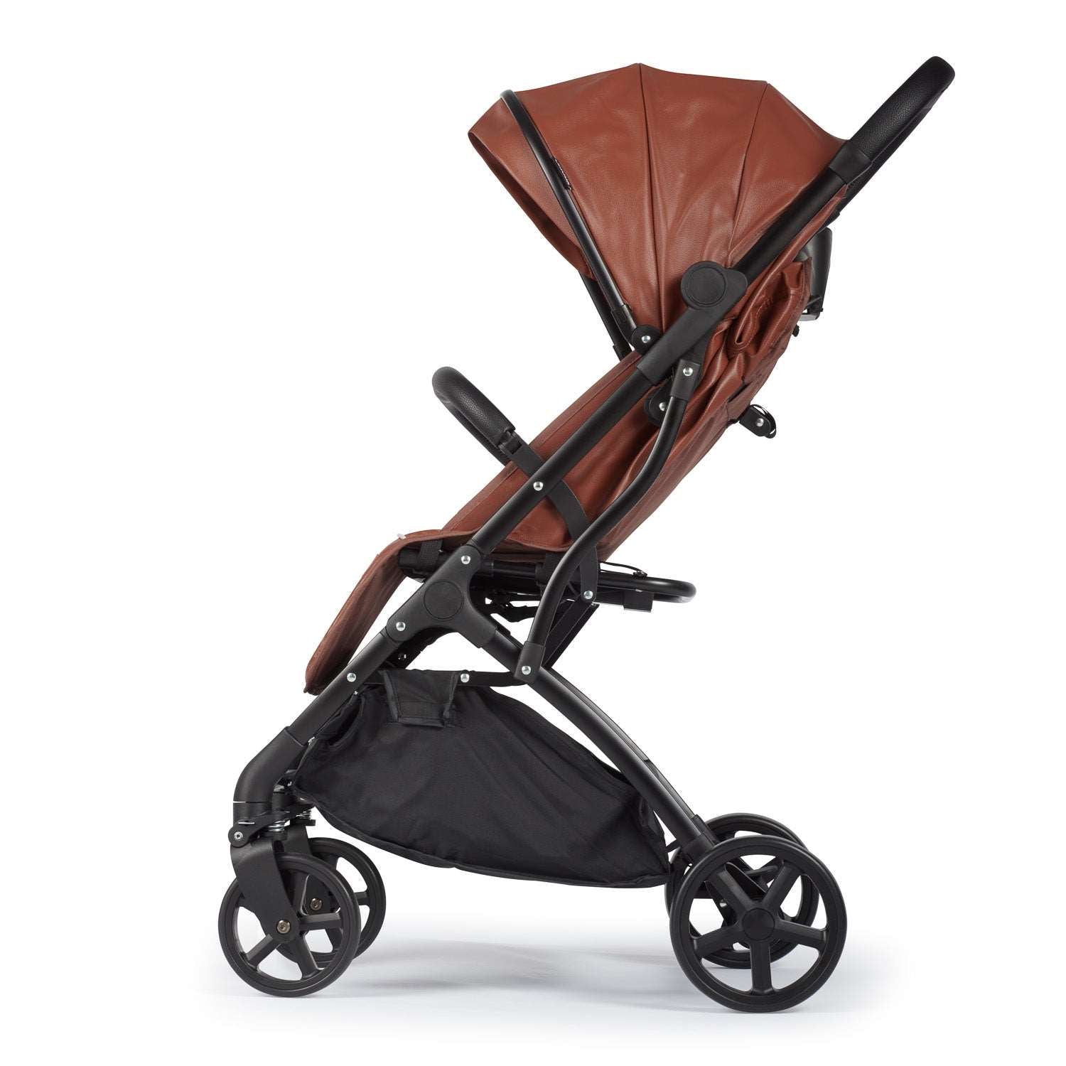 Tan Leather stroller from the side perspective