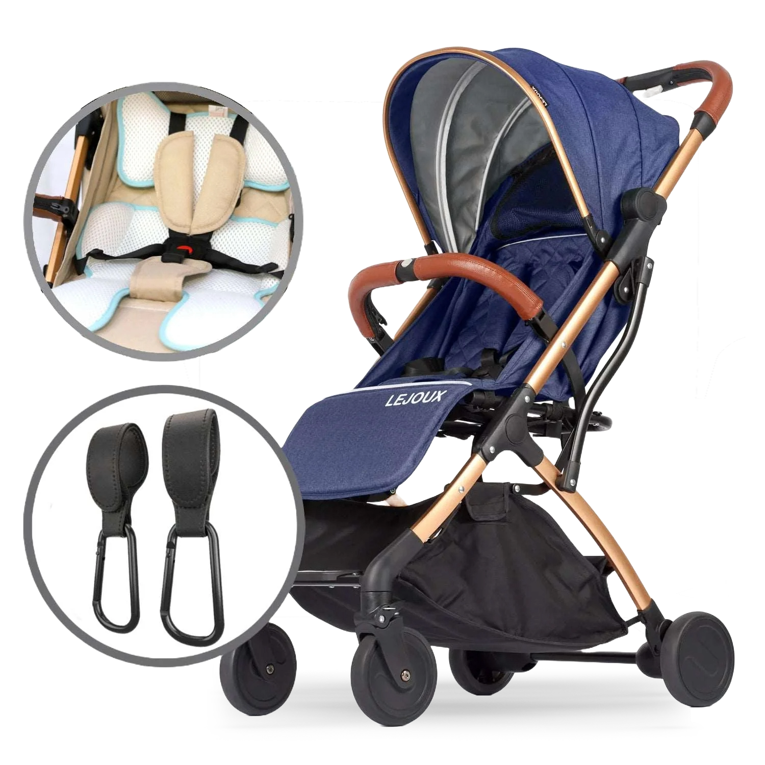 Blue Foldable & Lightweight Pram Bundle With Breathable Cushion & Bag Clips